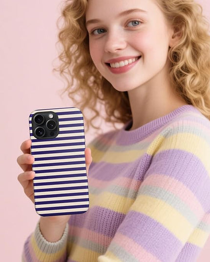 Magnetic for iPhone 15 Case Cute Stripes Phone Case, Shockproof Slim TPU and Hard PC Protective Phone Cover Compatible with MagSafe Designed for Women Girls, Blue&Apricot
