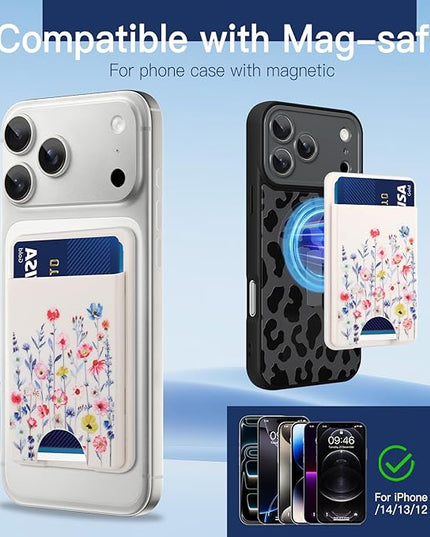 Stronger Magnetic Card Slot Wallet for iPhone 17/16/15/14/13/12 Series (Not for 13/12 Mini), Flower Pattern Hard Card Holder Fit 3 Cards Compatible with Magsafe Accessories, White