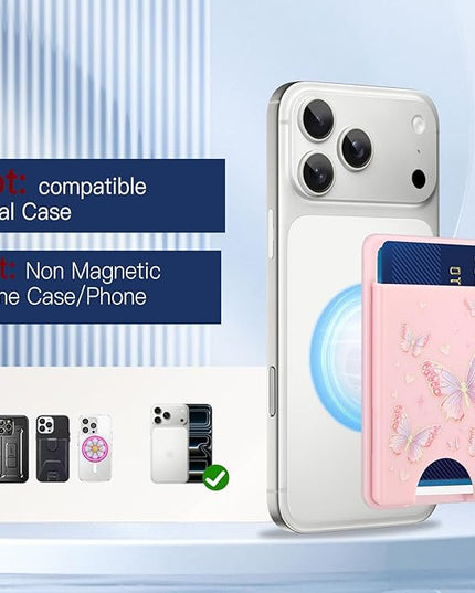 Stronger Magnetic Card Slot Wallet for iPhone 17/16/15/14/13/12 Series (Not for 13/12 Mini), Butterfly Pattern Hard Card Holder Fit 3 Cards Compatible with Magsafe Accessories, Pink