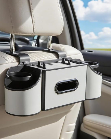 Back Seat Car Organizer,4 in 1 Multifunctional Car Back Seat Storage Box with Drink Cup Holder Tissue Box, for Hold Phone,Snacks, Drinks, Handbag-White