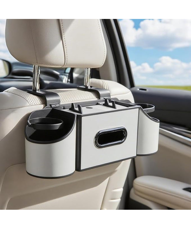 Back Seat Car Organizer,4 in 1 Multifunctional Car Back Seat Storage Box with Drink Cup Holder Tissue Box, for Hold Phone,Snacks, Drinks, Handbag-White