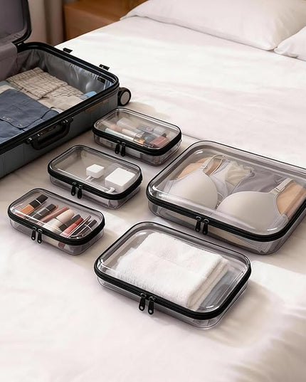 5 Pack Clear Hard Shell Zipper Pouches, TSA Friendly Transparent Design for Toiletries & Electronics, Crush-Resistant Storage for Carry-On Travel (Black)