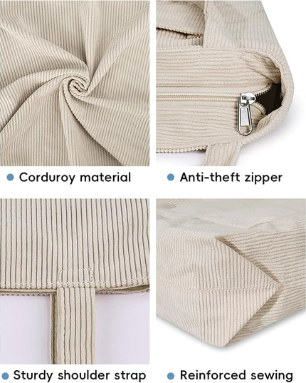Iioscre Corduroy Tote Bag for Women,Hobo HandBags with Zipper,Large Capacity Casual Shoulder Handbags with Inner Pockets