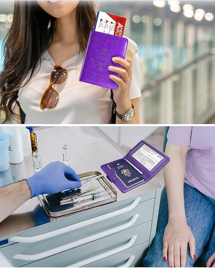 RSAquar Unisex Faux Leather Passport and Vaccine Card Holder Combo, Purple, Slim and Lightweight with RFID Blocking Technology