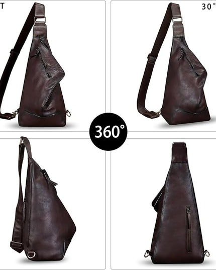 Genuine Leather Sling Bag for Men and Women Vintage Full Grain Leather Sling Purse Chest Daypack Over Shoulder Crossbody Bag (Coffee)