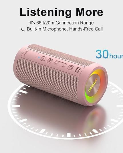Ortizan Wireless Portable Bluetooth Speaker, IPX7 Waterproof, Dustproof and Rustproof, Powerful 24W Sound, Enhanced Bass, 30 Hour Battery, 360° Party Light, and Stereo Pairing (BT 5.3), Gifts - Pink