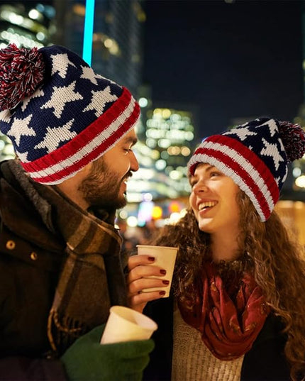Parquet American Flag Knit Pom Beanie Ski Hat with Stars