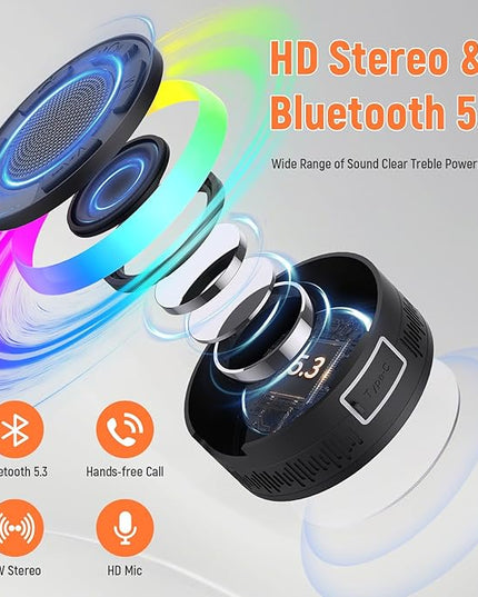 IPX7 Waterproof Shower Bluetooth Speaker, Portable Small Speaker with Suction Cup and Time Display, Loud Crystal Sound & Bass 10H Playtime 1100mAh, Wireless Shower Speakers for Pool, Beach Gift Black