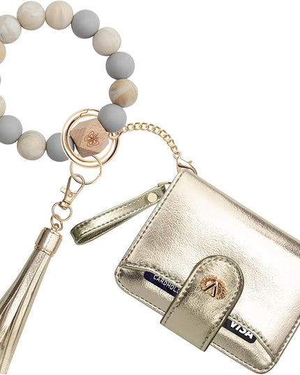 Multi-Purpose Wallet High Capacity Card Holder Zipper Coin Purse with Wristlet Bracelet Keychain Silicone Beaded Bangle Key Ring
