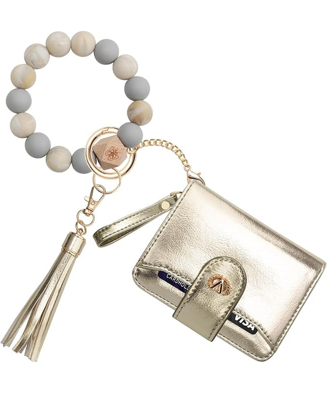 Multi-Purpose Wallet High Capacity Card Holder Zipper Coin Purse with Wristlet Bracelet Keychain Silicone Beaded Bangle Key Ring