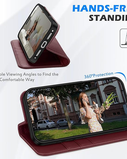 SHIELDON Genuine Leather Case Wallet for iPhone 17 Pro 5G 6.3" | RFID Blocking Credit Card Holder | Magnetic Closure | Folio Cover | Kickstand | TPU Soft Phone Shell 2025 | Wine Red