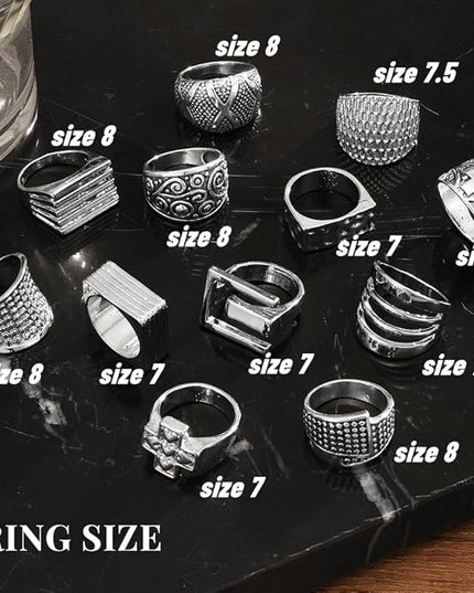 KISS WIFE Cool Rings Set for Women, Vintage Silver Punk Rings Bulk, Gothic Chunky Knuckle Emo Stackable Finger Ring Pack Western Jewelry Gift for Her
