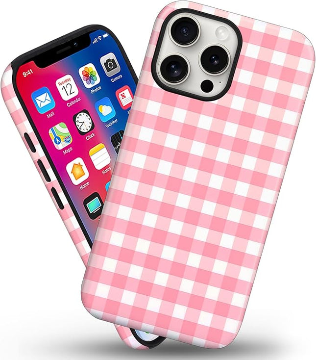 Magnetic for iPhone 16 Pro Case Cute Checkered Stripes Phone Case for Women Girls, Shockproof Slim TPU and Hard PC Protective Phone Cover Compatible with MagSafe Designed, Red