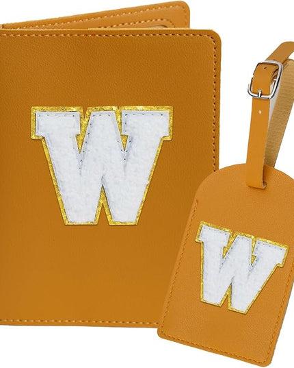 Initial Passport Cover Holder and Luggage tag Set,PU Leather Passport Case Travel Suitcase Tag with Letter Patch, Personalized Travel Luggage Accessories Gifts for Women Grils Teenage Ginger W