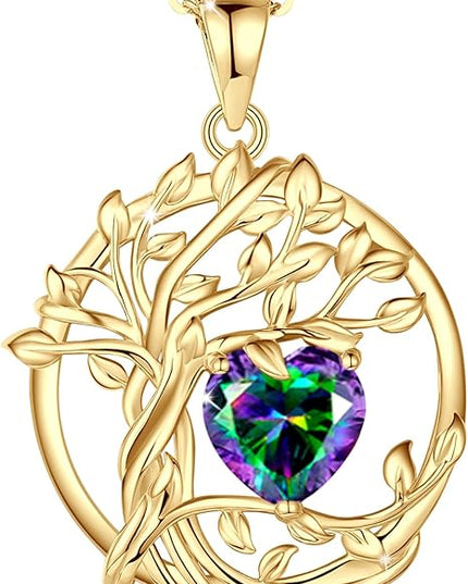 FANCIME Tree of life Birthstone necklace Sterling Silver Pendant Birthstone Necklace Gemstone Anniversary Birthday Jewelry Christmas Gifts for Mom Her Wife