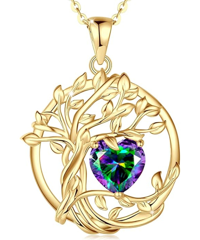 FANCIME Tree of life Birthstone necklace Sterling Silver Pendant Birthstone Necklace Gemstone Anniversary Birthday Jewelry Christmas Gifts for Mom Her Wife