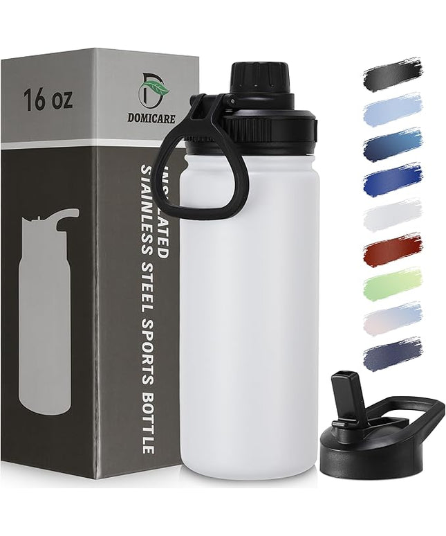 DOMICARE 16 oz Kids Water Bottle for School Stainless Steel Double Wall Vacuum Insulated Water Bottle with Straw lids & Spout Lid, Leakproof BPA Free (White,1)