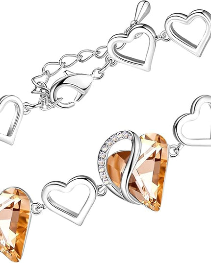 Leafael Infinity Love Heart Link Bracelets, Birthstone or Healing Stone Crystal Bracelet for Women, Silver Tone Jewelry Gifts for Her, 7-inch Chain and 2-inch Extender