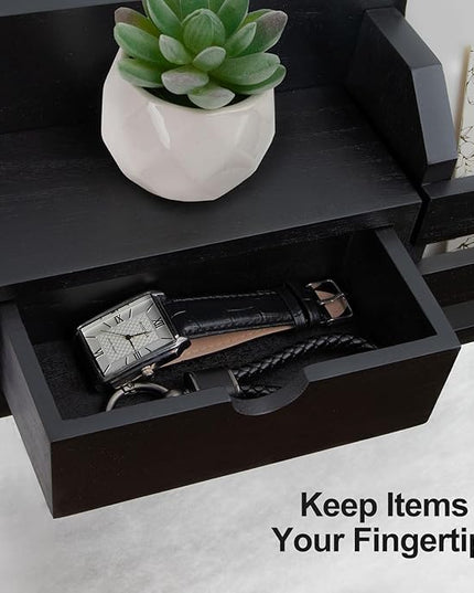 Lwenki Wall Mount Key Holder with Mail Organizer, 100% Paulownia Wood, 7 Metal Hooks, Storage Drawer, Entryway Home Decor (Black)