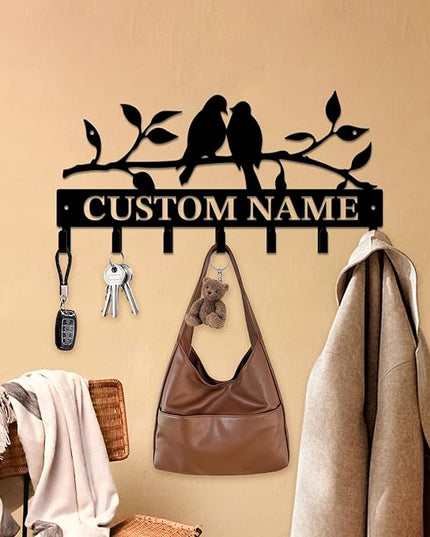 Personalized Custom Name Birds of Trees Wall Key Hooks,Metal Birds of Trees Art Clothes Hooks,Metal Birds of Trees Wall Home Storage Decorative,For Front Door, Hallway, Kitchen, Bedroom (Style D)