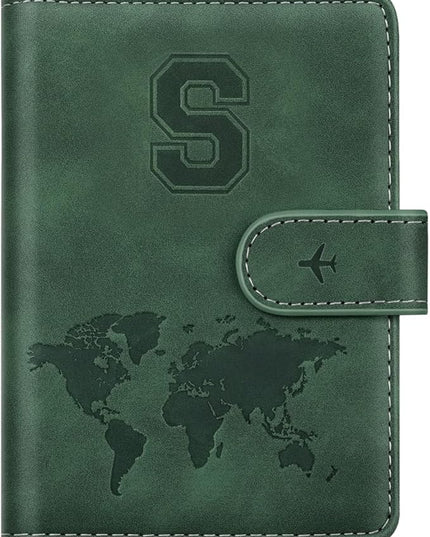 Personalized S Passport Holder Cover Initial Letter Travel Wallet RFID Blocking Passport Cover Credit Card Holder Case Passport Book Holders for Women and Men, Pine Green-S