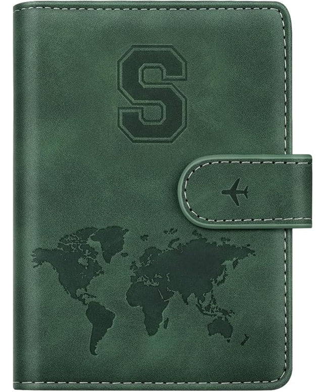 Personalized S Passport Holder Cover Initial Letter Travel Wallet RFID Blocking Passport Cover Credit Card Holder Case Passport Book Holders for Women and Men, Pine Green-S