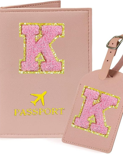 COSHAYSOO Initial Passport Cover Luggage Tag Set Letter Passport Holder Airplane Cruise Travel Essentials Vacation Traveling Accessories Personalized Gifts for Women Teen College Girls Pink K