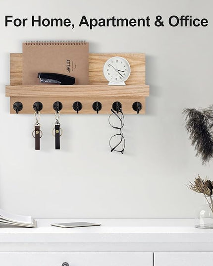 Lwenki Key Holder Wall Mount, Entryway Key and Mail Holder with 7 Sturdy Hooks for Sunglasses, Dog Leash, Decorative Wall Shelf with Mounting Hardware, 15”W x 6.7”H x 4.2”D (Wood)