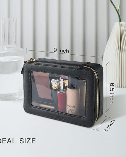 Aveniee Clear Makeup Bag Organizer, Portable Travel Toiletry Cosmetic Bag Case for Women, Heavy Duty Clear Pouch with zipper with Transparent Vinyl Windows & Gold Zippers(Black)