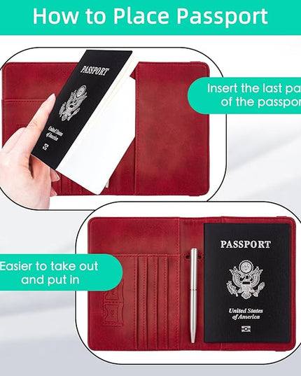 WALNEW Passport Holder for Travel, RFID Passport Cover Wallet for Women Men, PU Leather Passport Book Card Holder Case with Pen, Travelling Essentials for Flying