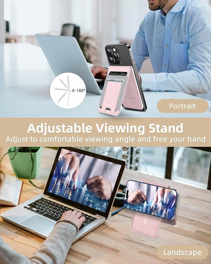 HiWe for MagSafe Wallet Stand with Find My, Anti-Lost Strongest Magnetic Wallet for iPhone 17/16/15/14/13/12 Series, 9 Cards Holder, Leather RFID, Pink