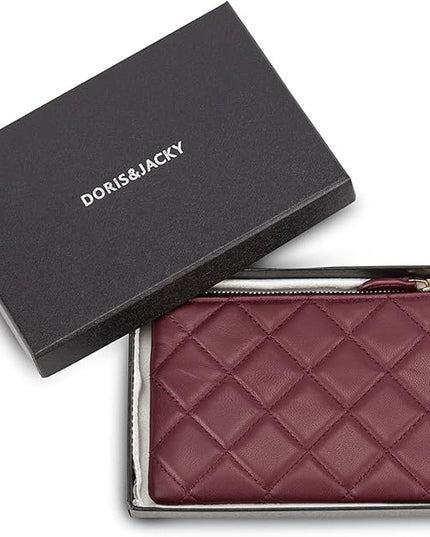 DORIS&JACKY Soft Lambskin Leather Coin Purse Small Quilted RFID Blocking Top Zipper Wallet With Key Chain