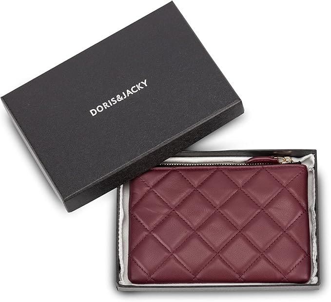 DORIS&JACKY Soft Lambskin Leather Coin Purse Small Quilted RFID Blocking Top Zipper Wallet With Key Chain