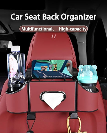 Back Seat Car Organizer,4 in 1 Multifunctional Car Back Seat Storage Box with Drink Cup Holder Tissue Box, for Hold Phone,Snacks, Drinks, Handbag-Red