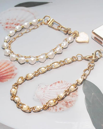 Pearl Beaded Phone Charm Wrist Strap,Cute Bracelet Wristlet Lanyard,Gold Double Chain for Phone Case,Purse Bag Wallet