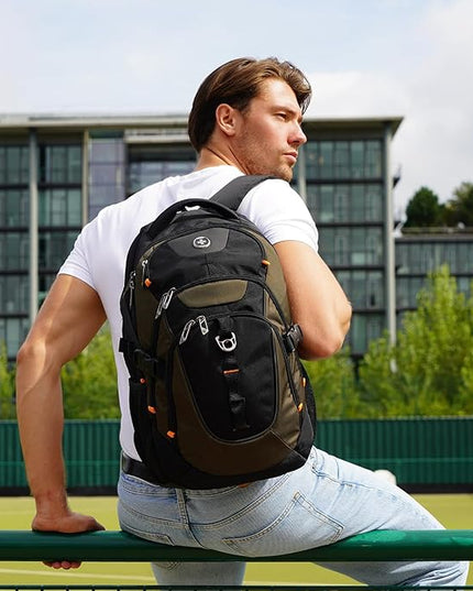 Swissdigital Design Laptop Backpack with USB Charging Port, Travel Backpack Fits 15.6 inches Computer, 31L College School Backpack for Men, Olive/Black | SD803-26