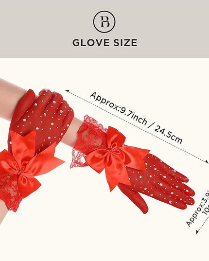 Lace Gloves for Women - Short Bow Rhinestone Tulle Sheer Sparkly Evening Stretchy Gloves for Wedding Opera Party