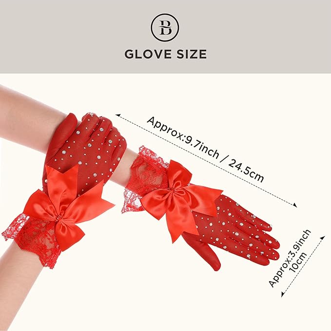 Lace Gloves for Women - Short Bow Rhinestone Tulle Sheer Sparkly Evening Stretchy Gloves for Wedding Opera Party