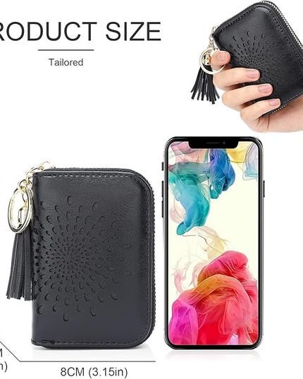APHISON RFID Credit Card Holder Zipper Card Case Keychain Small Wallet for Women 1927 BLACK