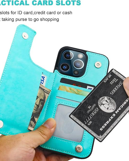 ONETOP Compatible with iPhone 13 Pro Max Wallet Case with Card Holder,PU Leather Kickstand Card Slots Case, Double Magnetic Clasp and Durable Shockproof Cover 6.7 Inch(Light Blue)