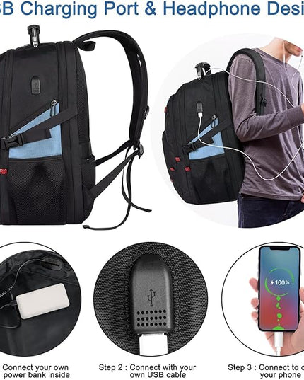Z-MGKISS Big Backpack for Travel, 52L Large Anti-Theft Computer Backpack for Women Men, Heavy Duty Laptop Bag 17.3 Inch with USB Port, College Business Work Daypack, Lake Blue