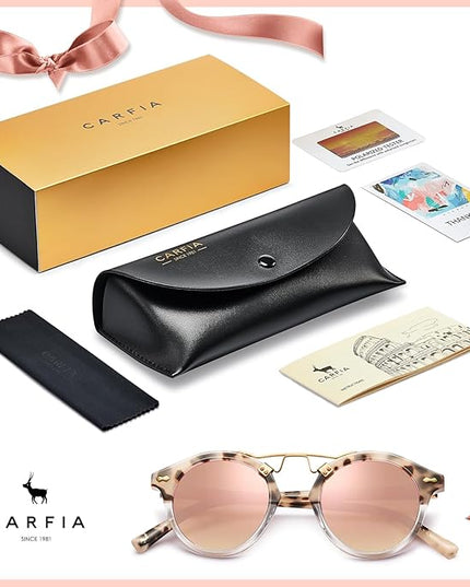 CARFIA Small Face Acetate Polarized Sunglasses for Women UV Protection, Retro Double Bridge Eyewears Metal Brow Round Sunnies