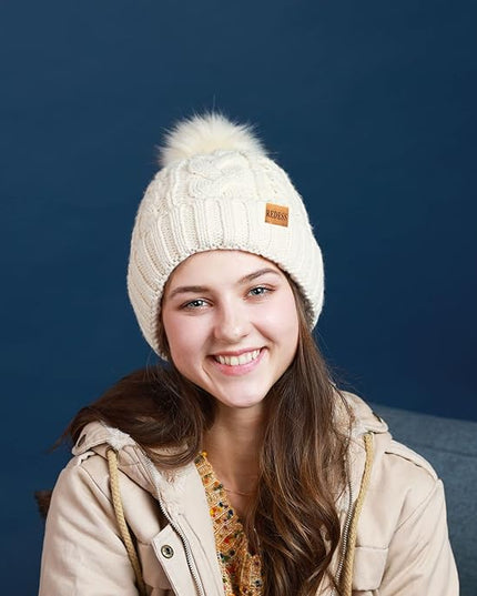 REDESS Women Winter Pompom Beanie Hat with Warm Fleece Lined, Thick Slouchy Snow Knit Skull Ski Cap