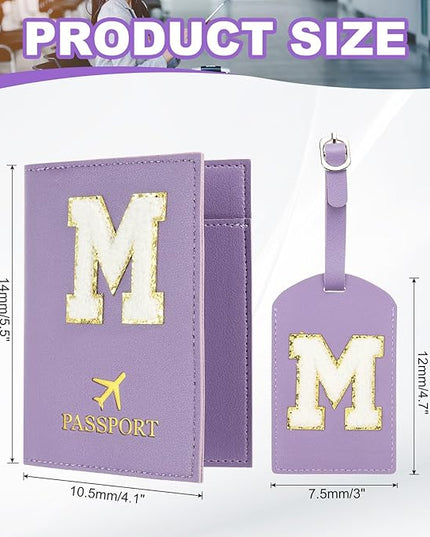 PATIKIL Passport Holder for Travel, Initial Passport Cover and Luggage Tag Set with Alphabet Chenille Letter Patch Travel Wallet Bag Suitcase Identifier for Women Family Travel Purple M