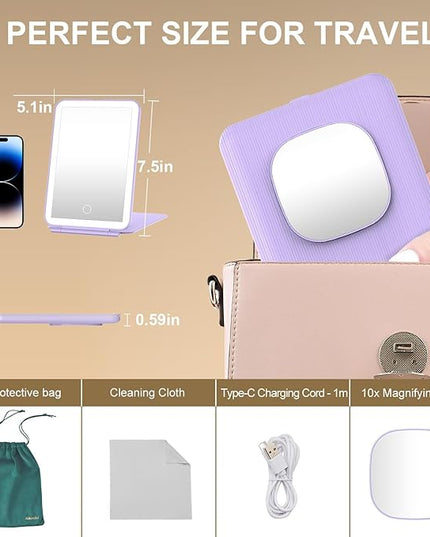 LED Foldable Travel Makeup Mirror - 5x7 inches3 Colors Light Modes USB Rechargeable Touch Screen, Portable Tabletop Cosmetic Mirror for Travel, Cosmetic, Office (Violet)