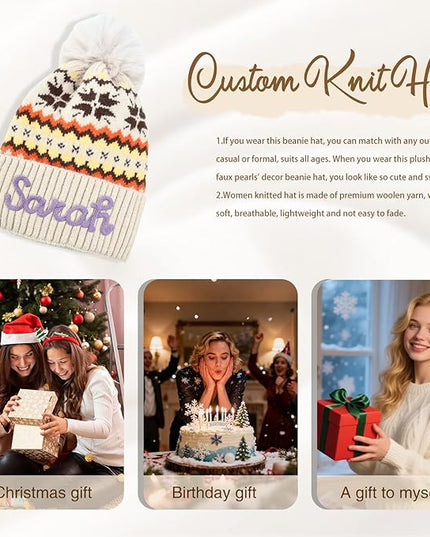 Personalized Beanie for Women Custom Knit with Name, Winter Hat with Pom Pom, Soft Lined Warm Hat, Birthday Gift