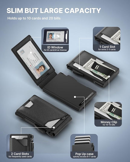 typecase Tactical Wallet for Men Card Holder: Pop Up Card Case, Genuine Leather, Smart, RFID Blocking, Slim, Minimalist, Thin, Front Pocket - 9-13 Card Capacitiy, ID Window, Money Clip (Dark Black)