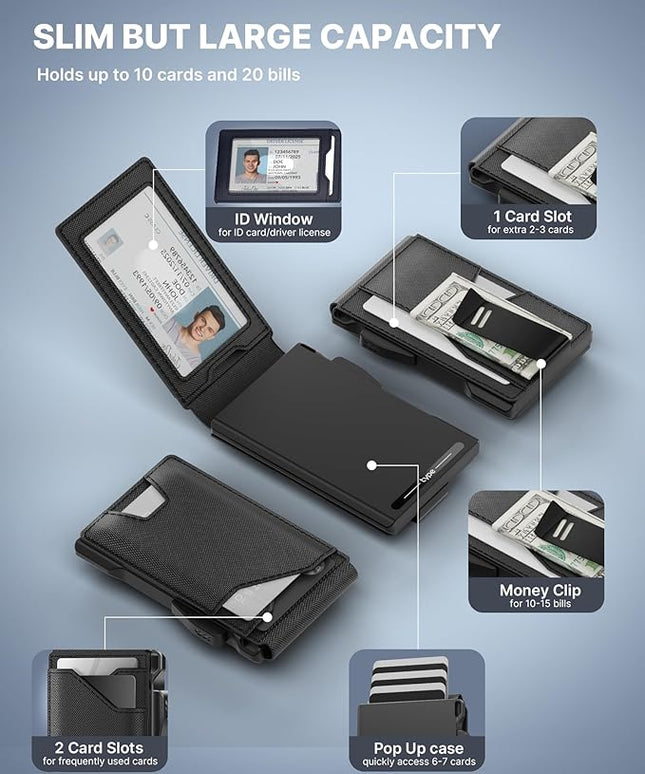 typecase Tactical Wallet for Men Card Holder: Pop Up Card Case, Genuine Leather, Smart, RFID Blocking, Slim, Minimalist, Thin, Front Pocket - 9-13 Card Capacitiy, ID Window, Money Clip (Dark Black)