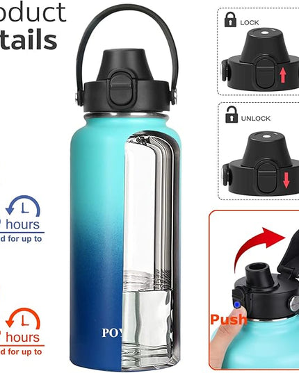 Water Bottle Insulated 32oz 40oz 64oz 128oz Straw Lid Spout Lid & 3 Lids, Leak Proof, Vacuum Insulated,Stainless Steel Water Bottle Wide Mouth for Sports, Gym or Office