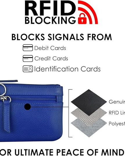 ili New York Mini Leather Coin Purse, Compact Design with Key Ring and RFID Protection for Women and Men in Vibrant Colors, Cobalt
